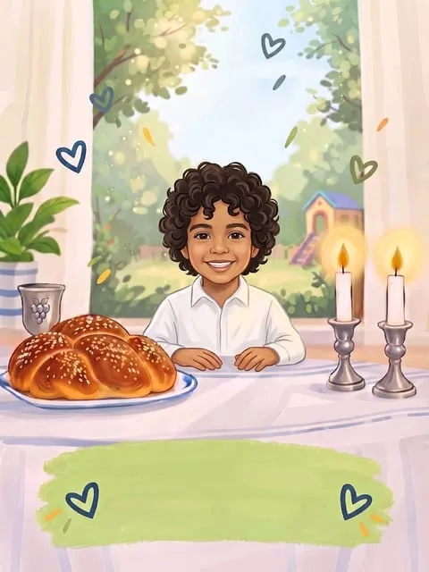 אותו ילד ליד שולחן השבת, בסגנון מאויר