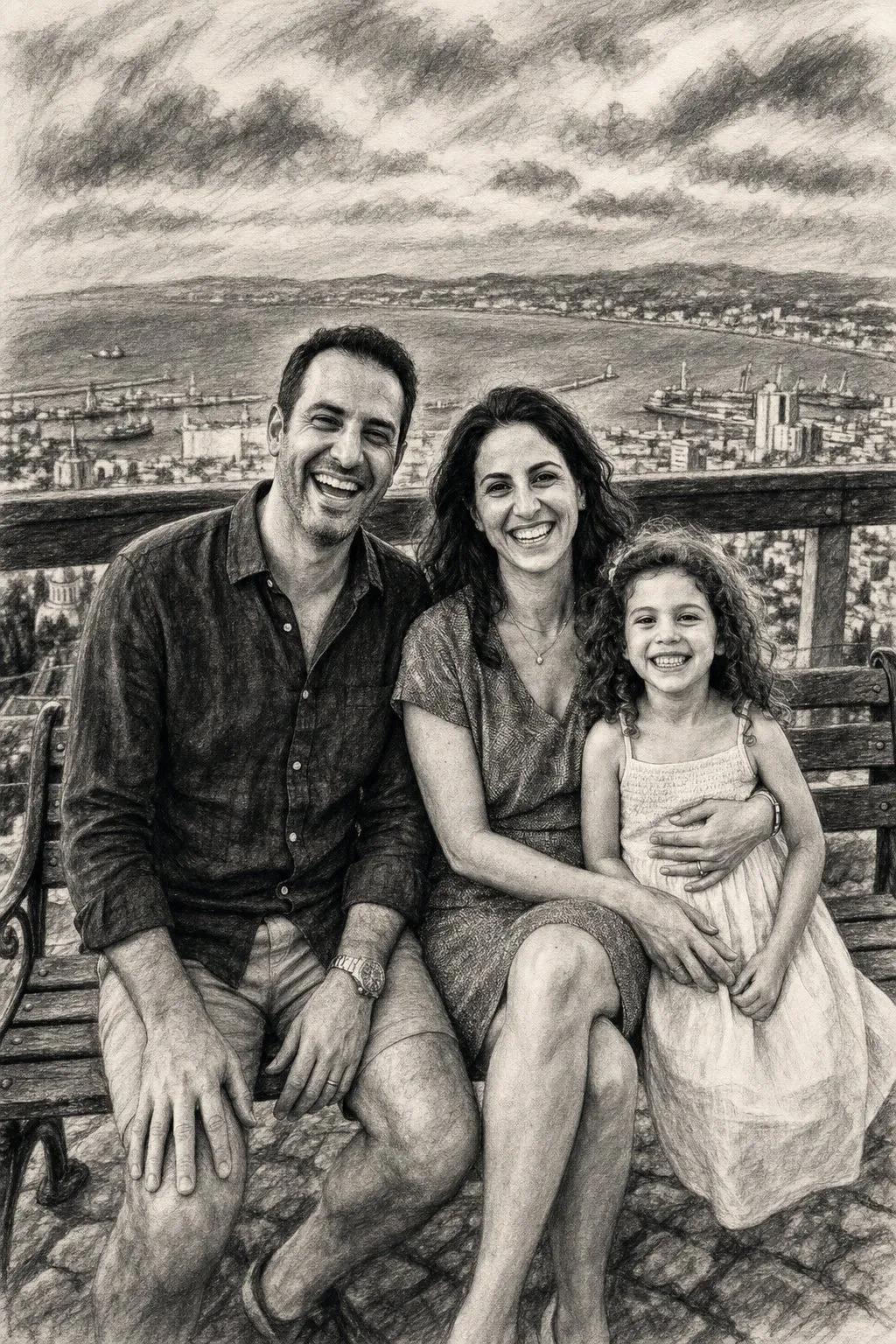 אותה משפחה כאיור שחור-לבן בסגנון רישום פחם