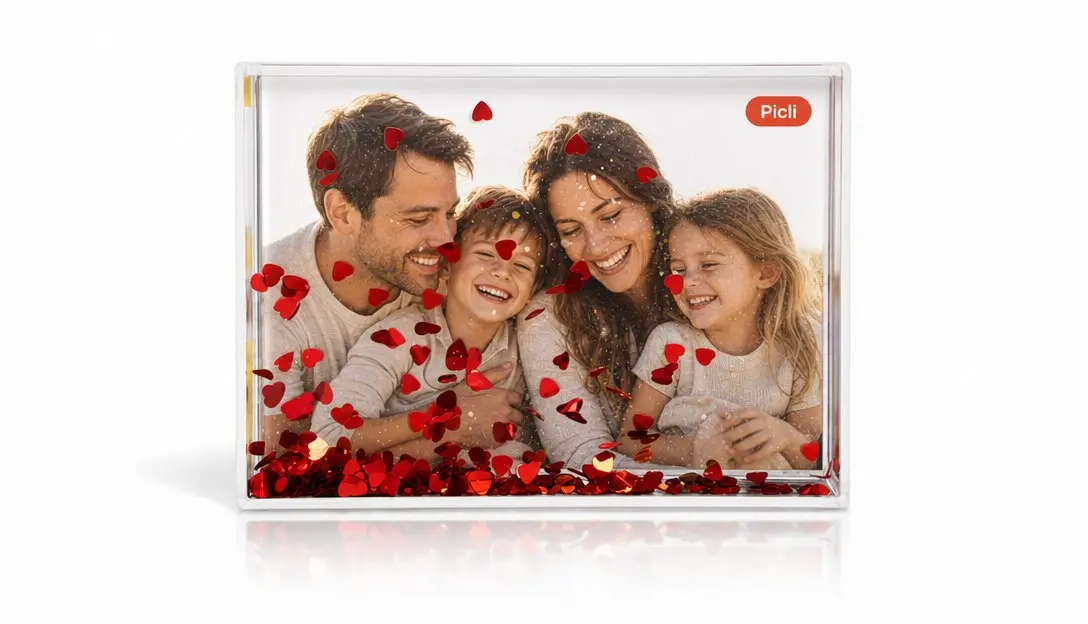 מסגרת שלג מנצנצת לבבות אדומים 10x15 ס"מ - תמונה מודפסת במסגרת לעמידה על מדף
