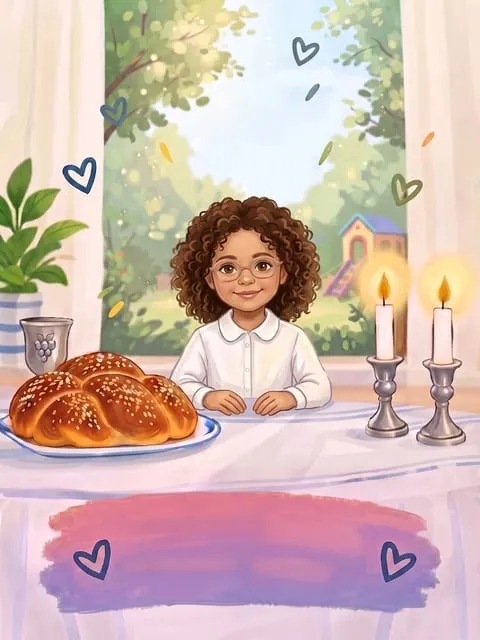 אותו ילדה ליד שולחן השבת, בסגנון מאויר