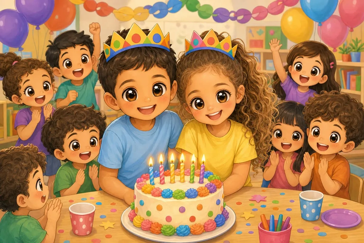 דוגמת איור לילדים: יום הולדת בגן, בסגנון חמוד ועגלגל