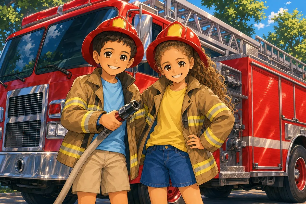 דוגמת איור לילדים: כבאי או כבאית ליד הכבאית, בסגנון אנימה