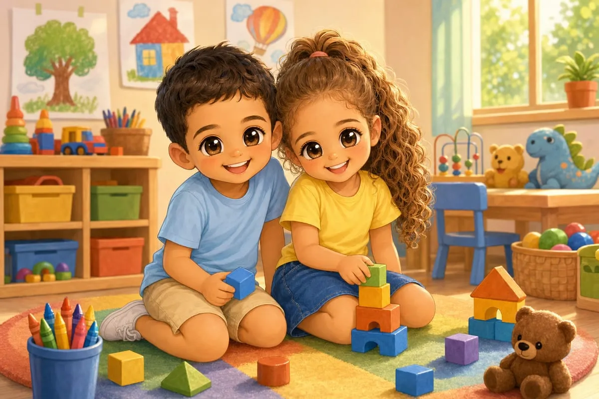 דוגמת איור לילדים: בכיתת הגן, בסגנון חמוד ועגלגל