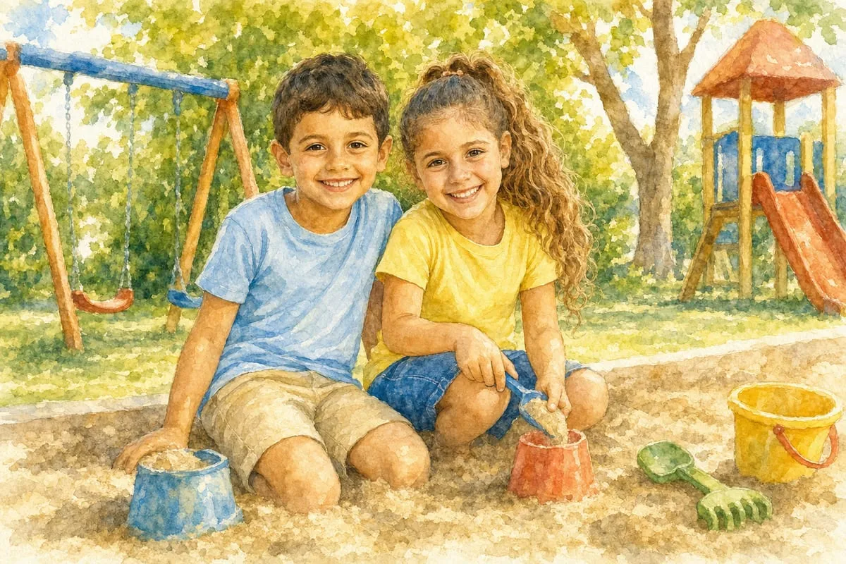 דוגמת איור לילדים: בחצר הגן, בסגנון צבעי מים