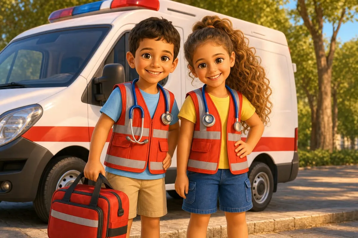 דוגמת איור לילדים: פרמדיק או פרמדיקית ליד האמבולנס, בסגנון פיקסאר-דיסני