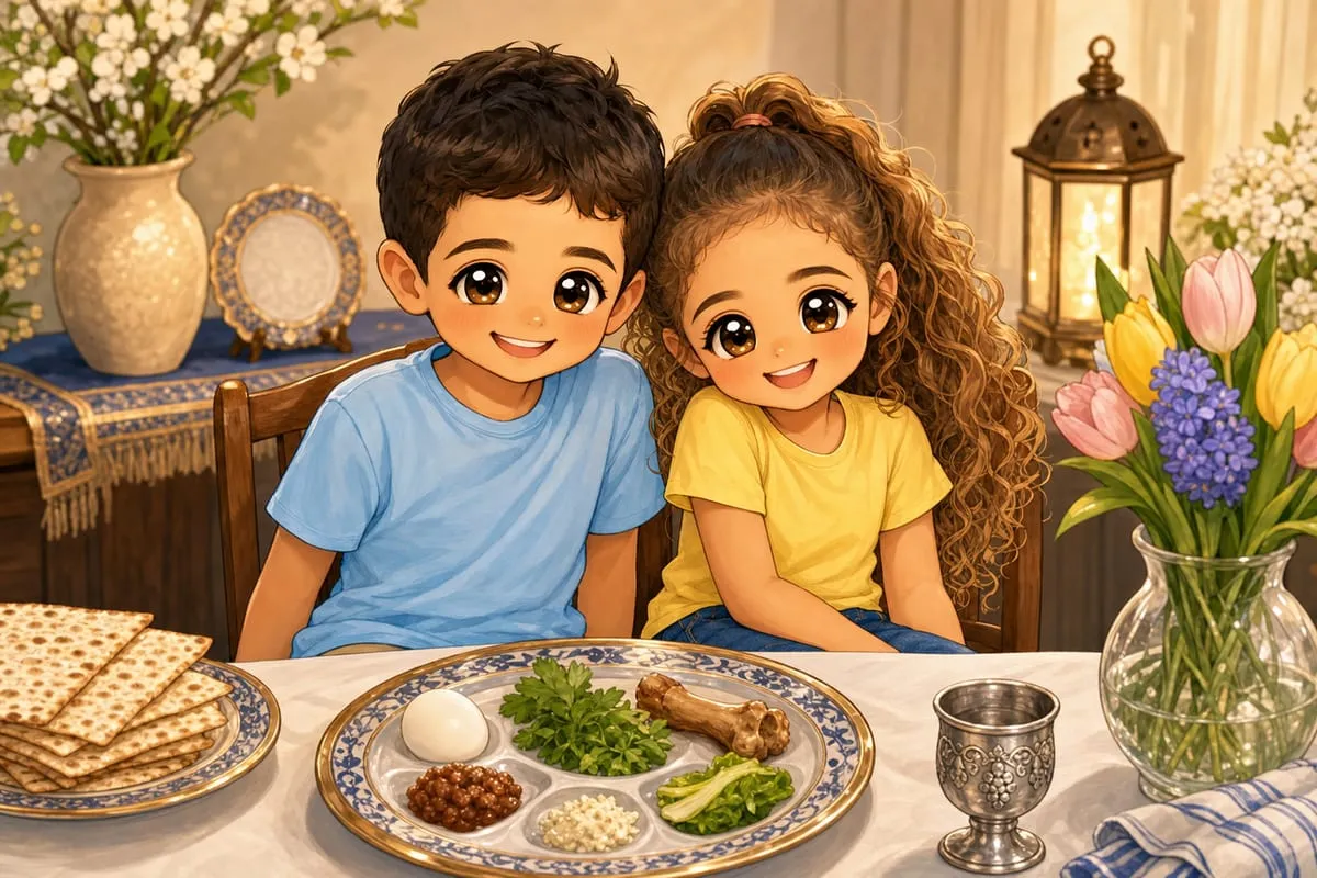 דוגמת איור לילדים: פסח, בסגנון חמוד ועגלגל