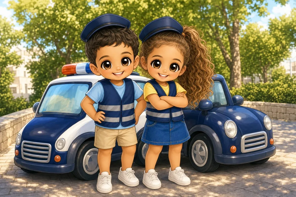 דוגמת איור לילדים: שוטר או שוטרת ליד הניידת, בסגנון חמוד ועגלגל