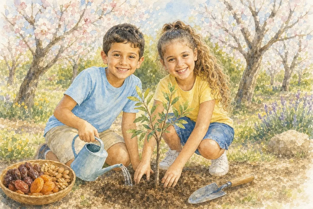 דוגמת איור לילדים: ט"ו בשבט, בסגנון צבעי מים