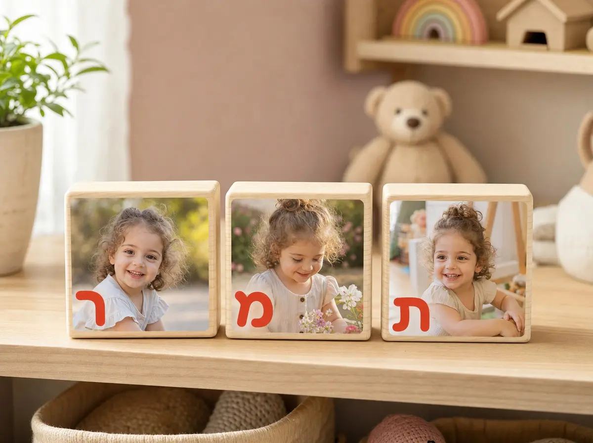 שלט שם לחדר ילדים על בלוק עץ 10x10 ס"מ - שלט שם לחדר ילדים מבלוקים עם תמונה