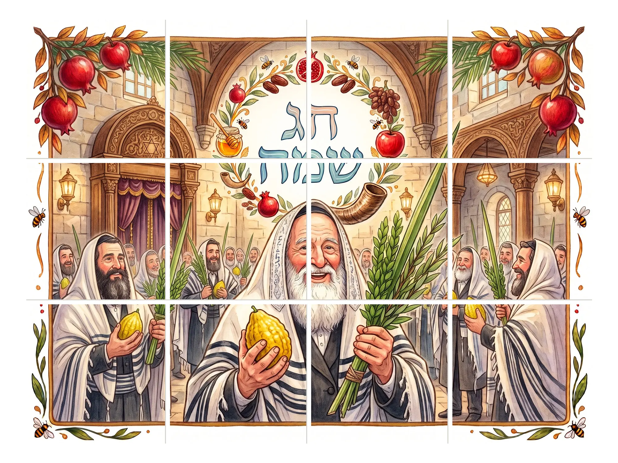 איור של מתפללים עטופים בטליתות בבית כנסת, אוחזים לולב ואתרוג, ומעליהם הכיתוב חג שמח