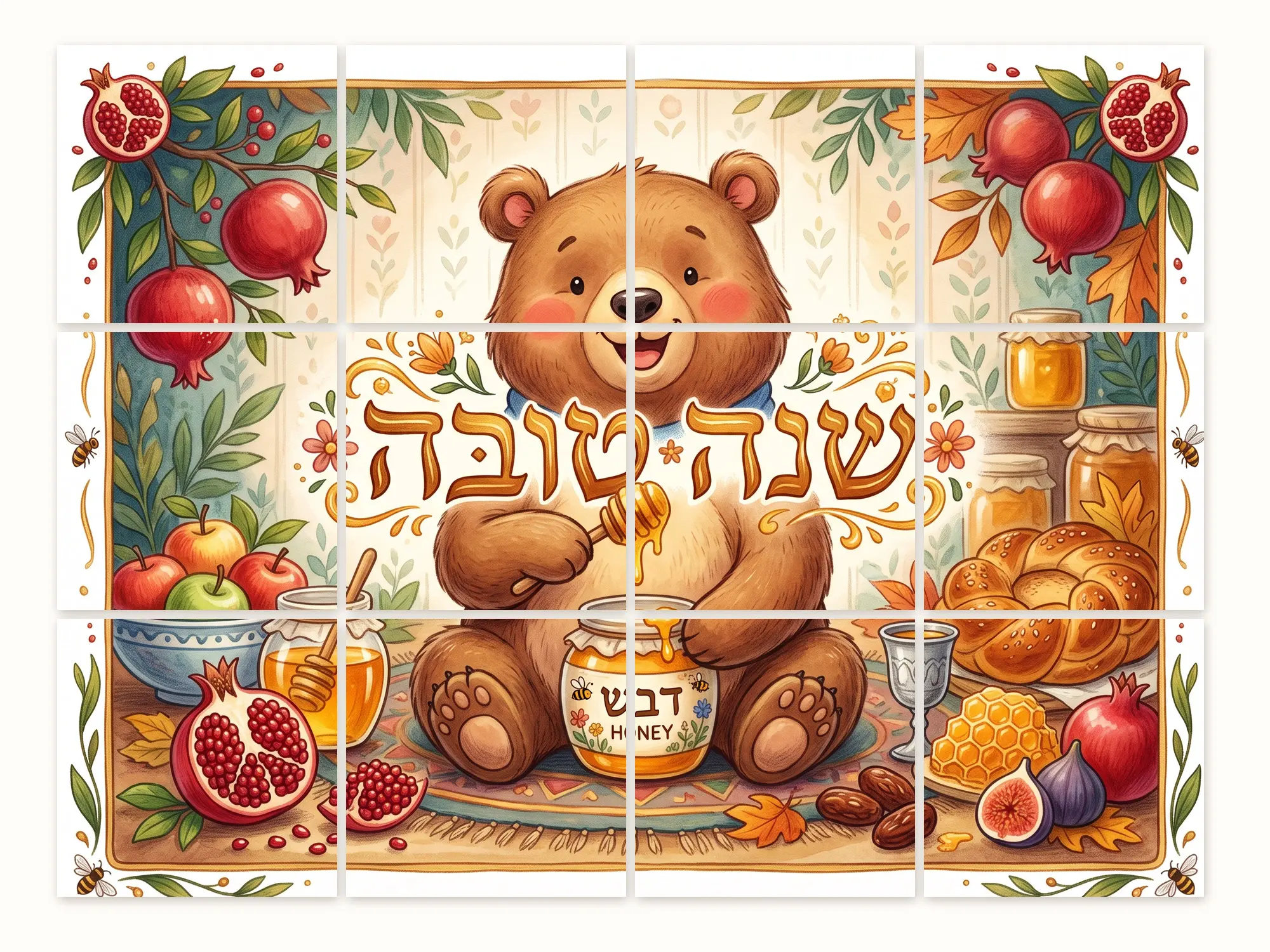 איור של דוב חמוד יושב מול צנצנת דבש עם כף דבש, מוקף ברימונים, תפוחים וחלה, ומעליו הכיתוב שנה טובה