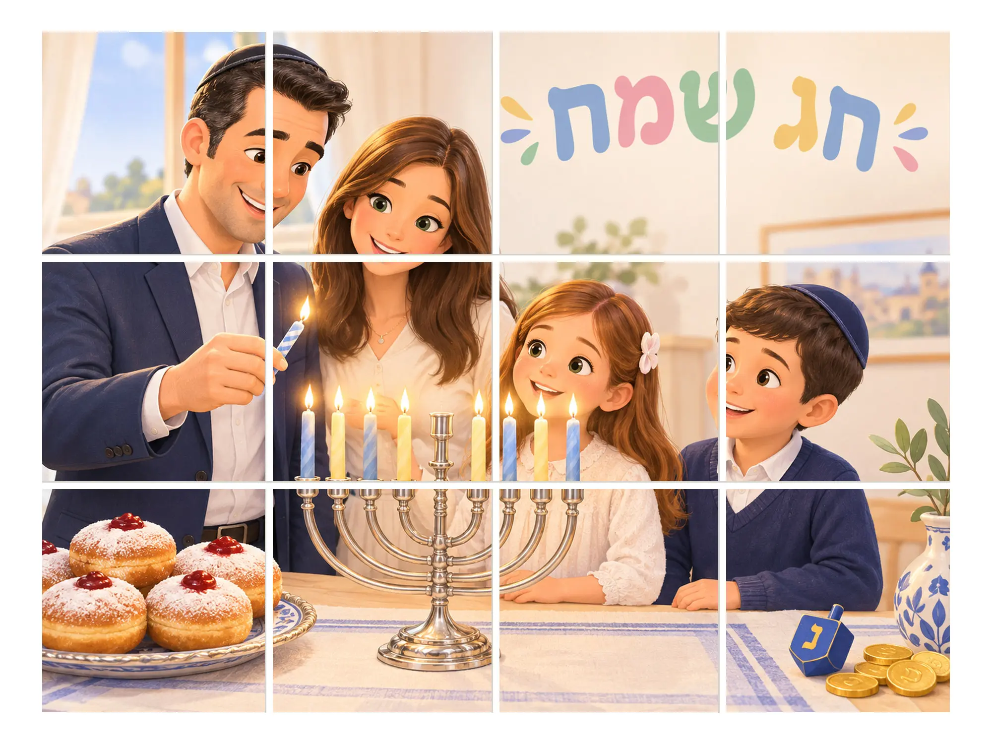 איור של אבא מדליק נרות בחנוכייה מכסף, לצדו אמא, ילדה וילד מתבוננים, על השולחן סופגניות, סביבון ומטבעות, ומעליהם הכיתוב חג שמח