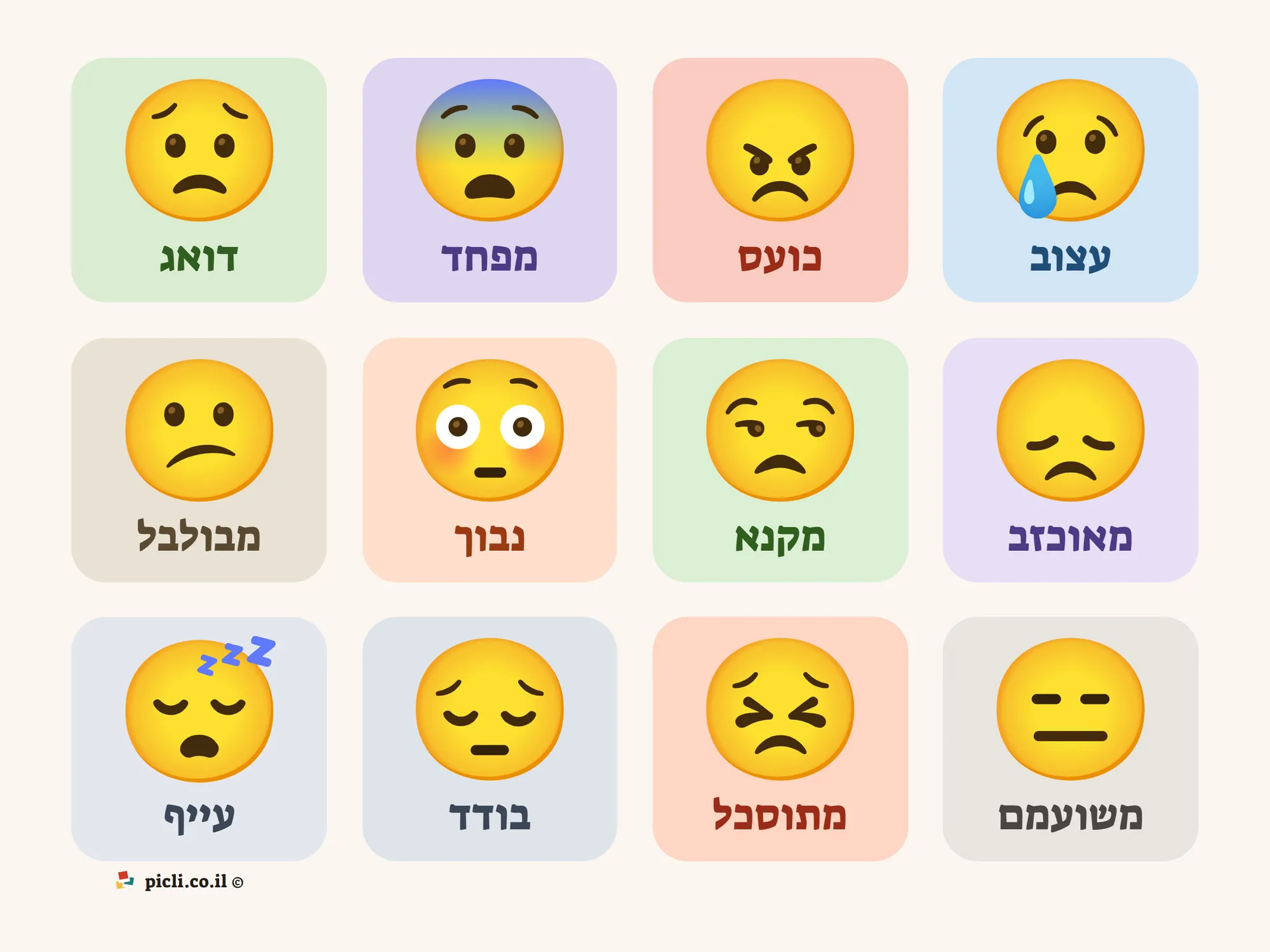 לוח רגשות קשים לילדים - אימוג'י לבן, 12 משבצות עם שם הרגש מתחת לכל אחת: עצוב, כועס, מפחד, דואג, מאוכזב, מקנא, נבוך, מבולבל, משועמם, מתוסכל, בודד ועייף