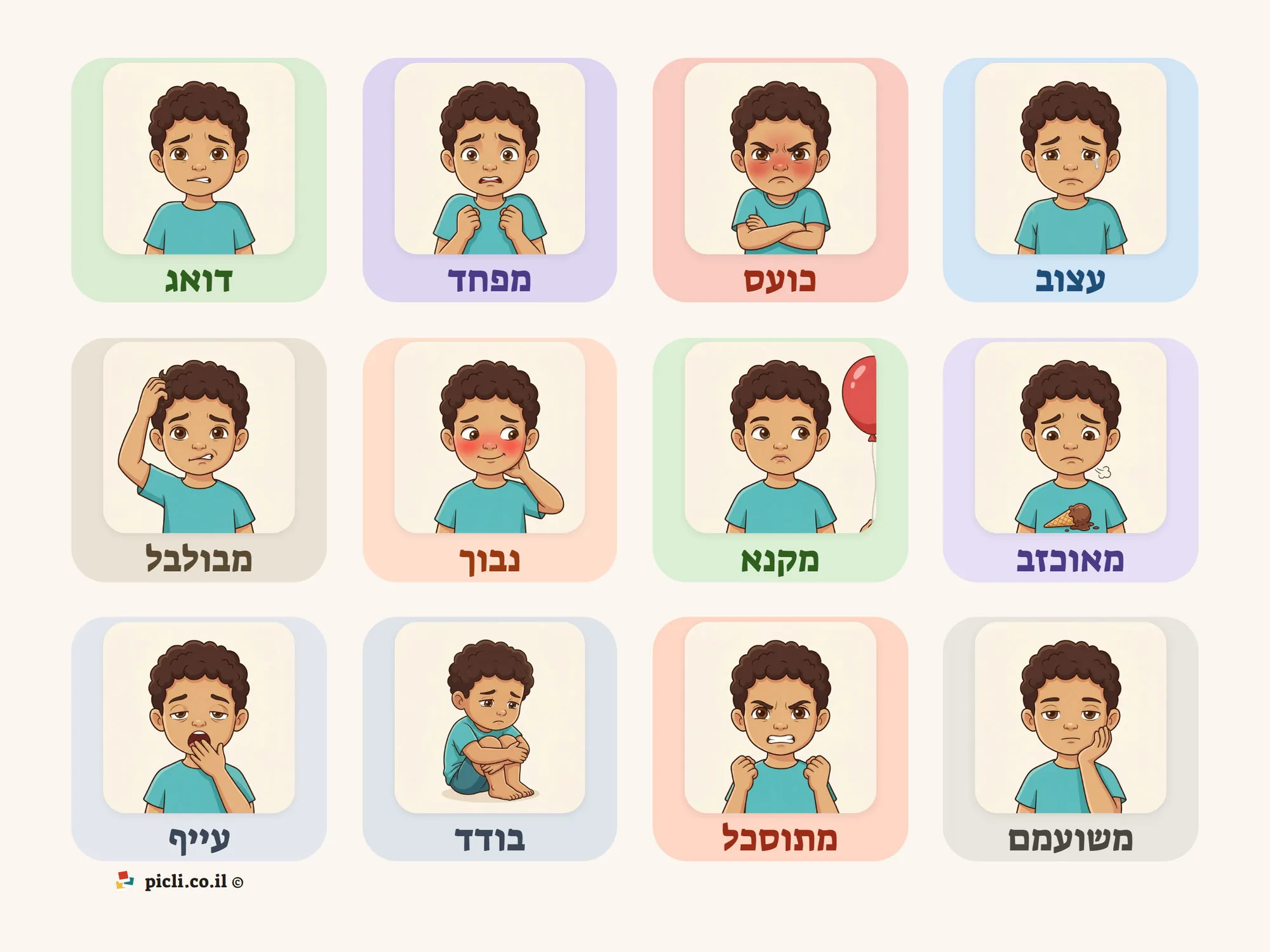 לוח רגשות קשים לילדים - ילד, 12 משבצות עם שם הרגש מתחת לכל אחת: עצוב, כועס, מפחד, דואג, מאוכזב, מקנא, נבוך, מבולבל, משועמם, מתוסכל, בודד ועייף