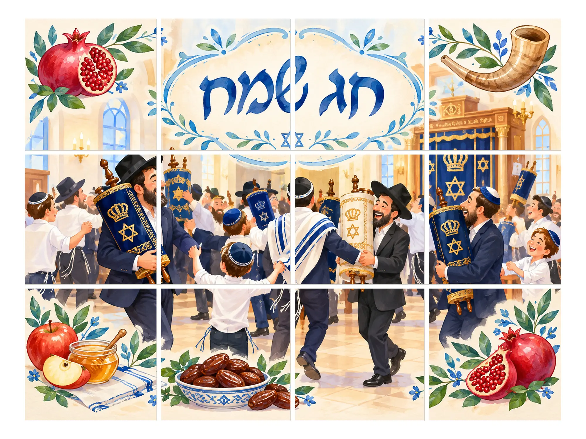 איור בגוני כחול ולבן של גברים וילדים רוקדים בהקפות עם ספרי תורה בבית כנסת, ומעליהם הכיתוב חג שמח