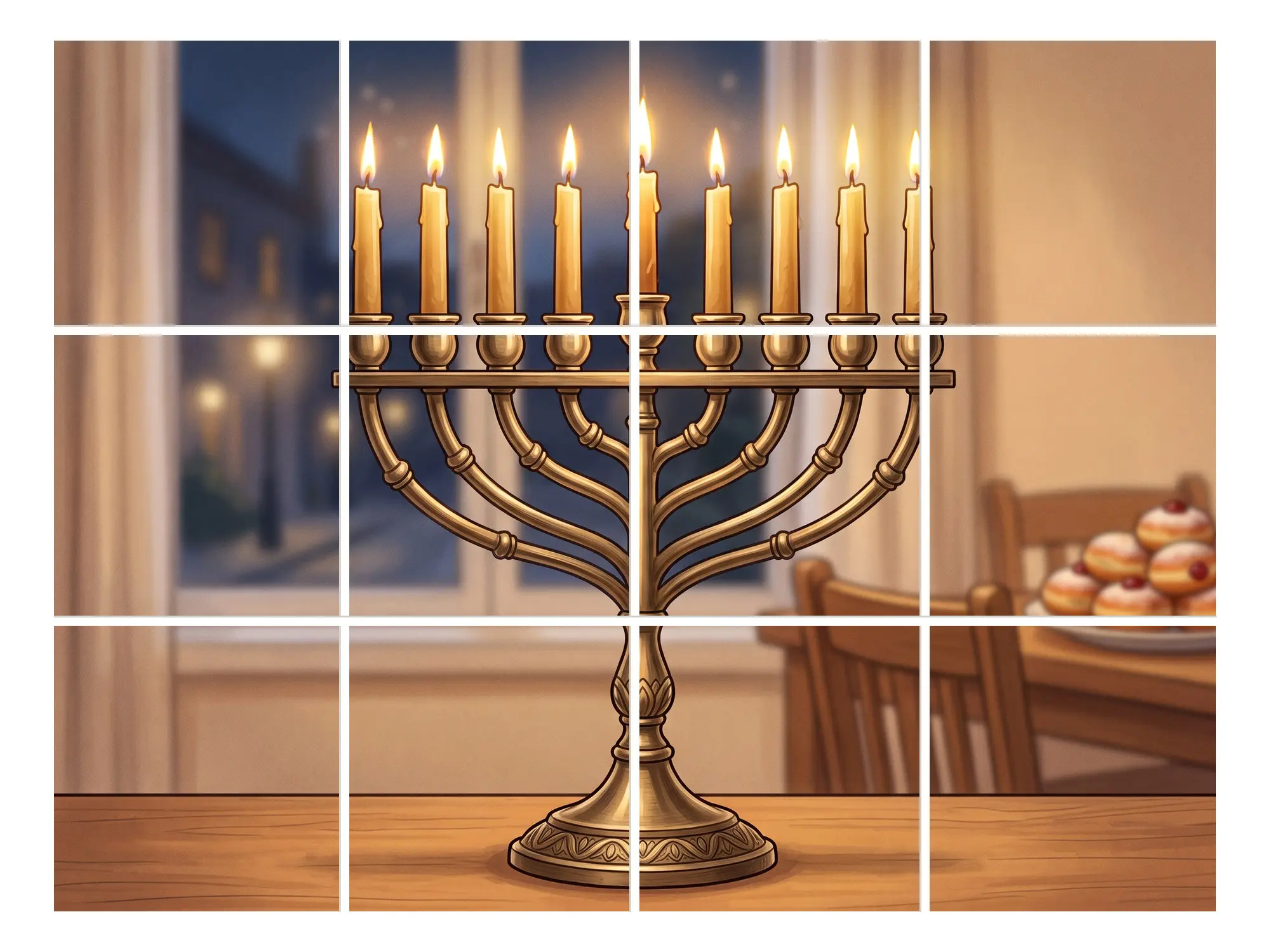 איור של חנוכייה מנחושת עם שמונה נרות ושמש דולקים על שולחן עץ, מול חלון של ערב, וברקע צלחת סופגניות