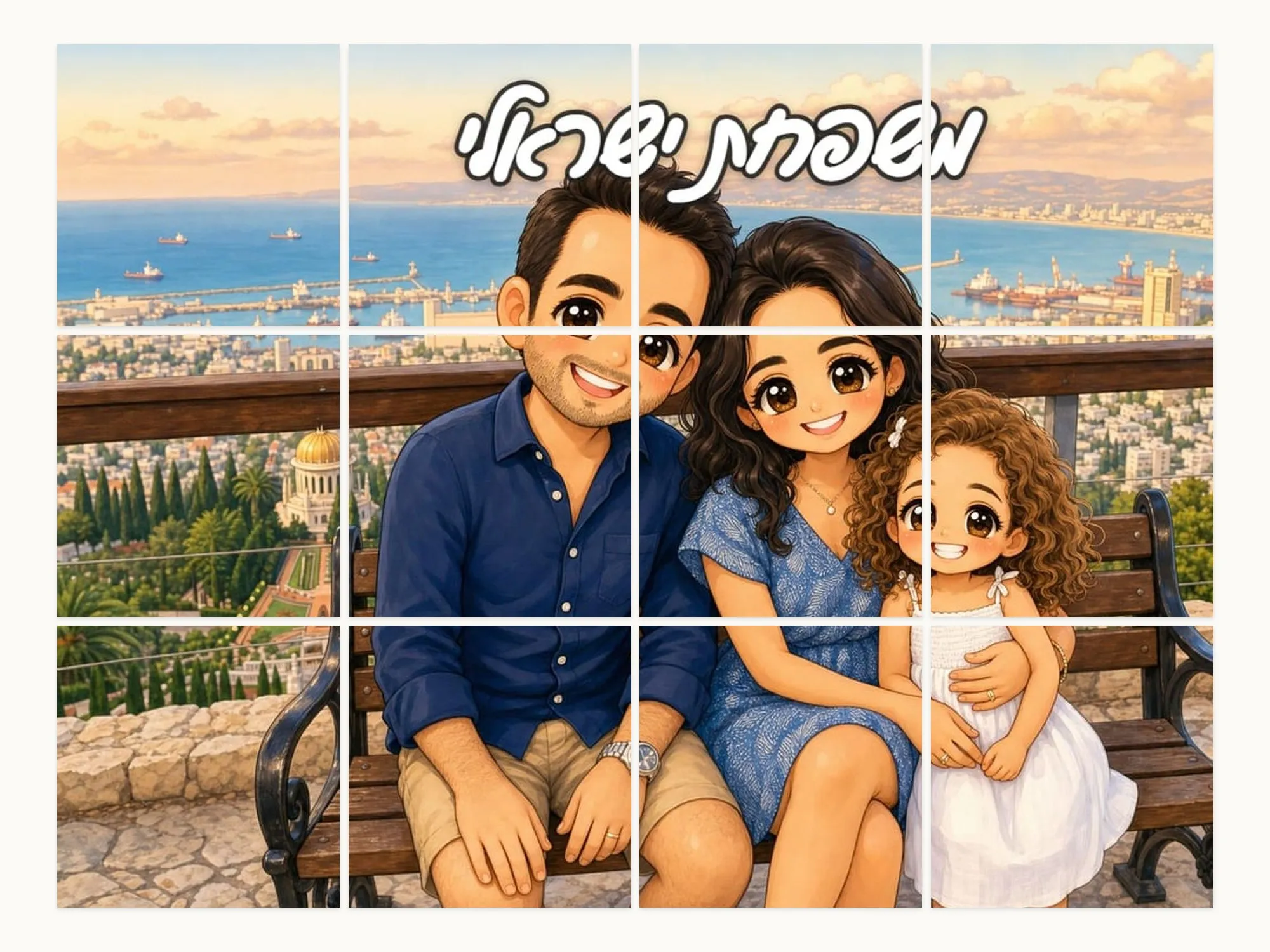 פאזל מגנט מתמונה מאוירת של משפחה על ספסל מול נוף, עם כותרת בשם המשפחה, חתוך ל-12 חלקים