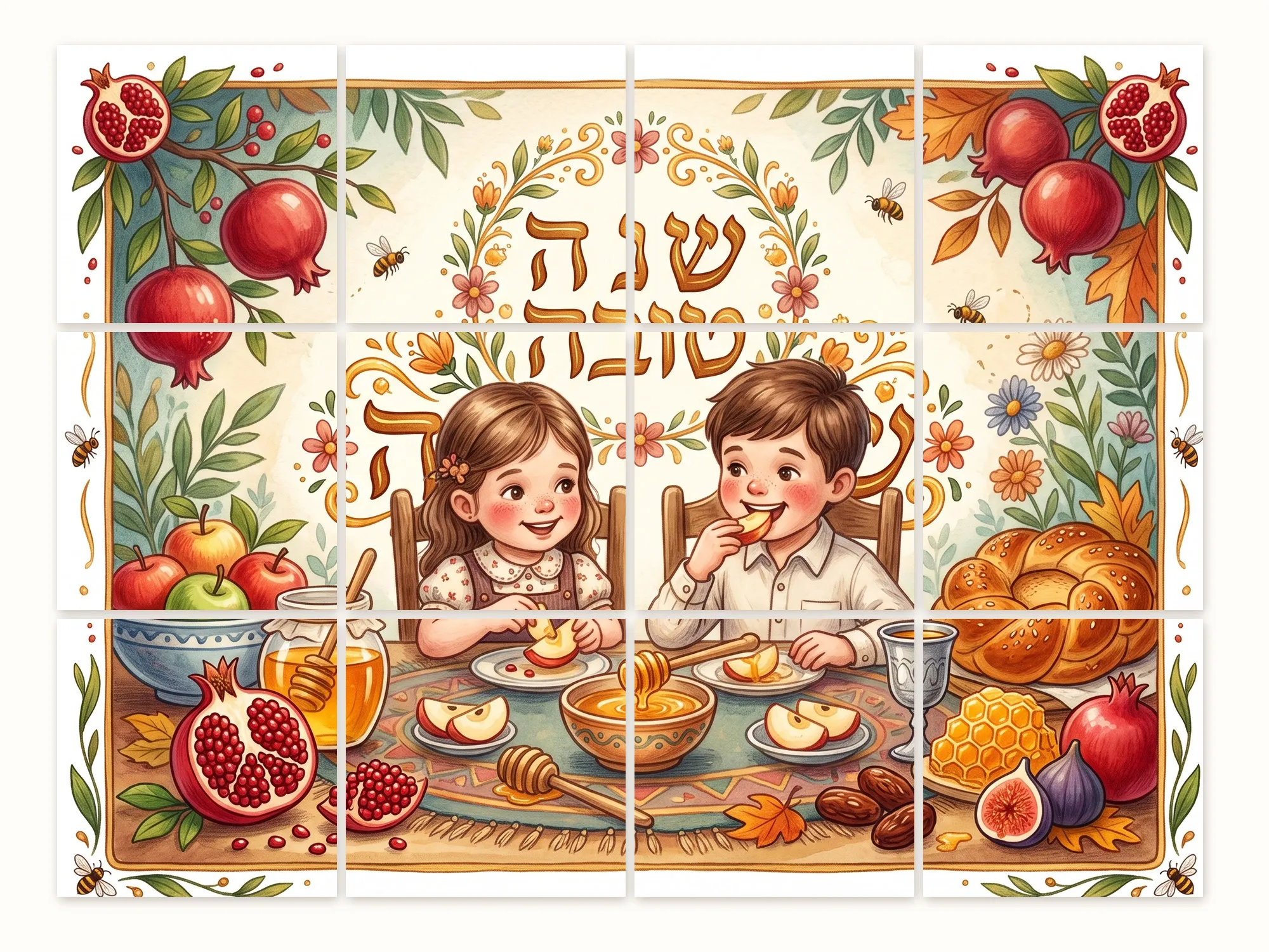איור של ילד וילדה יושבים לשולחן החג וטובלים תפוח בדבש, מוקפים ברימונים, חלה וכוס קידוש, ומעליהם הכיתוב שנה טובה