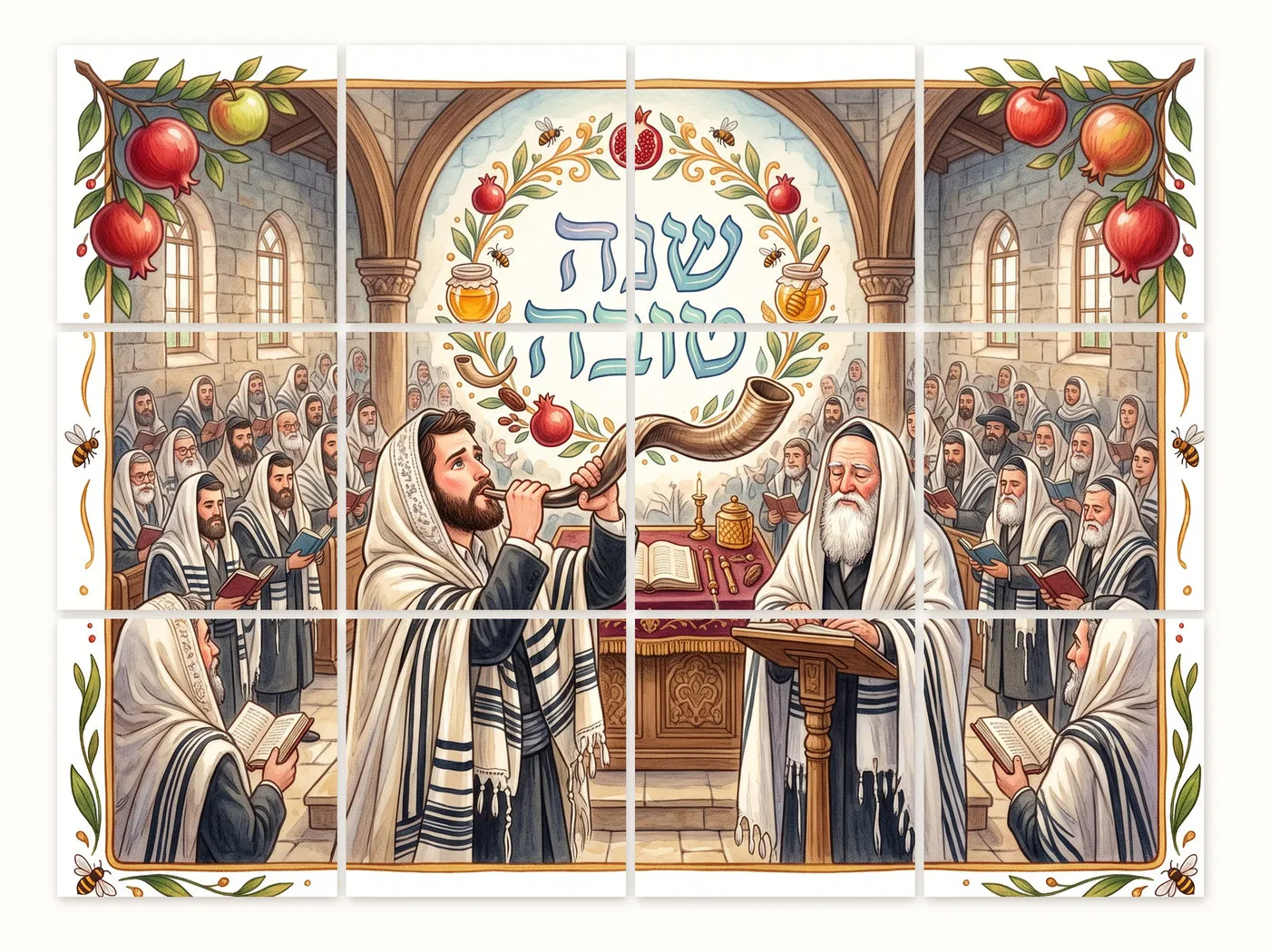 איור של בית כנסת בראש השנה - מתפללים עטופים בטליתות, אחד מהם תוקע בשופר, ומעליהם הכיתוב שנה טובה
