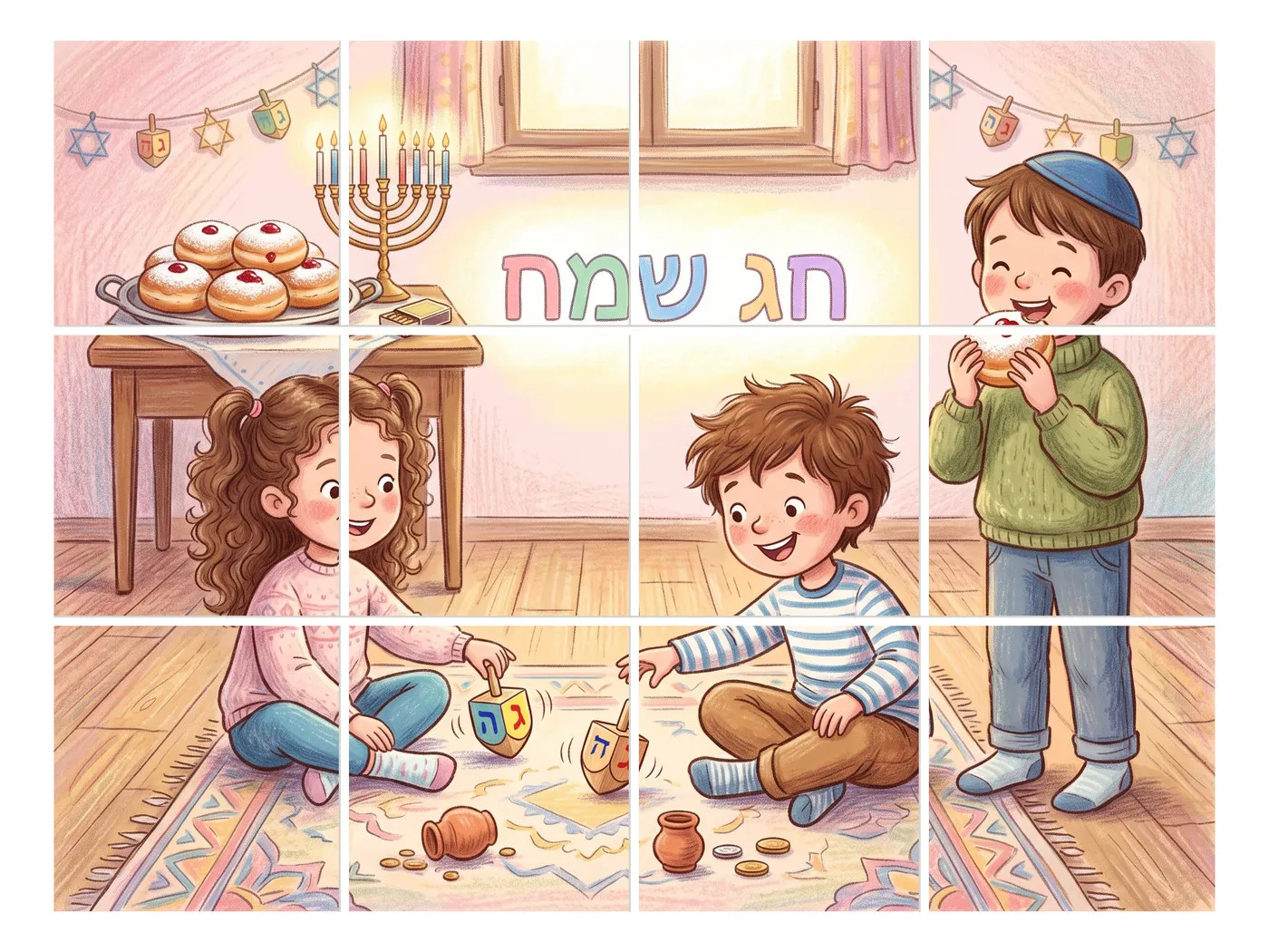 איור בצבעי פסטל של ילדה וילד יושבים על שטיח ומסובבים סביבונים, לידם כדים קטנים ומטבעות, ילד עם כיפה אוכל סופגנייה, ועל השולחן חנוכייה דולקת וצלחת סופגניות, ובמרכז הכיתוב חג שמח