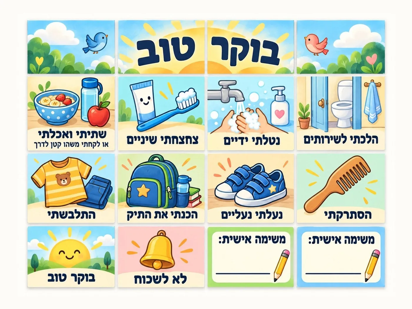 לוח משימות בוקר מאויר לילדים: כותרת בוקר טוב עם שמש וציפורים, ואריחים של שתיתי ואכלתי, צחצחתי שיניים, נטלתי ידיים, הלכתי לשירותים, התלבשתי, הכנתי את התיק, נעלתי נעליים, הסתרקתי, בוקר טוב, לא לשכוח ושני אריחים של משימה אישית