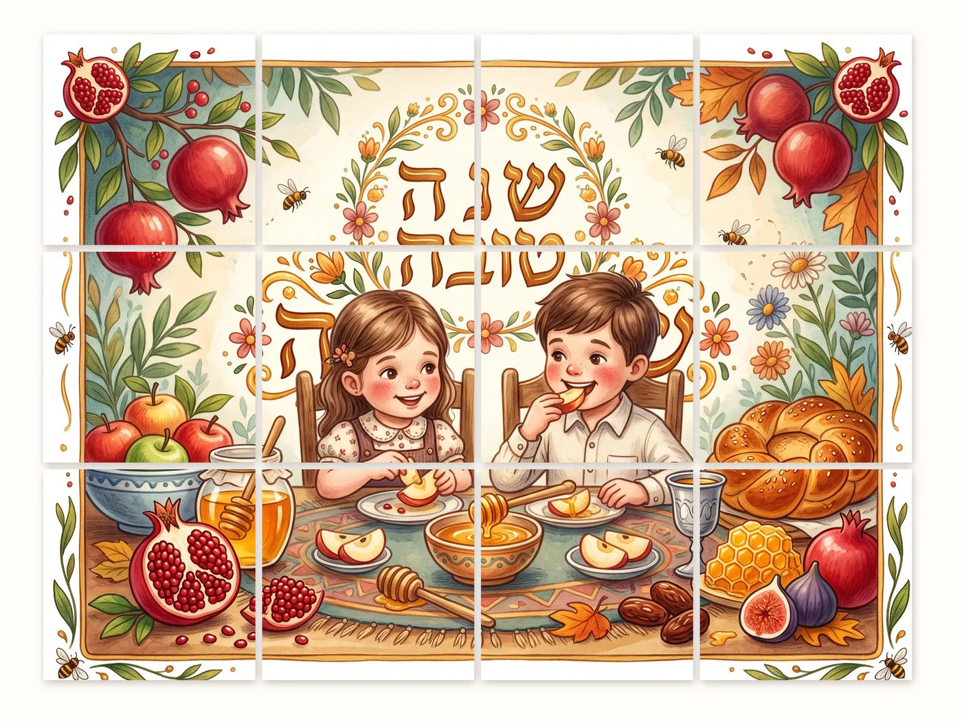 איור של ילד וילדה יושבים לשולחן החג וטובלים תפוח בדבש, מוקפים ברימונים, חלה וכוס קידוש, ומעליהם הכיתוב שנה טובה
