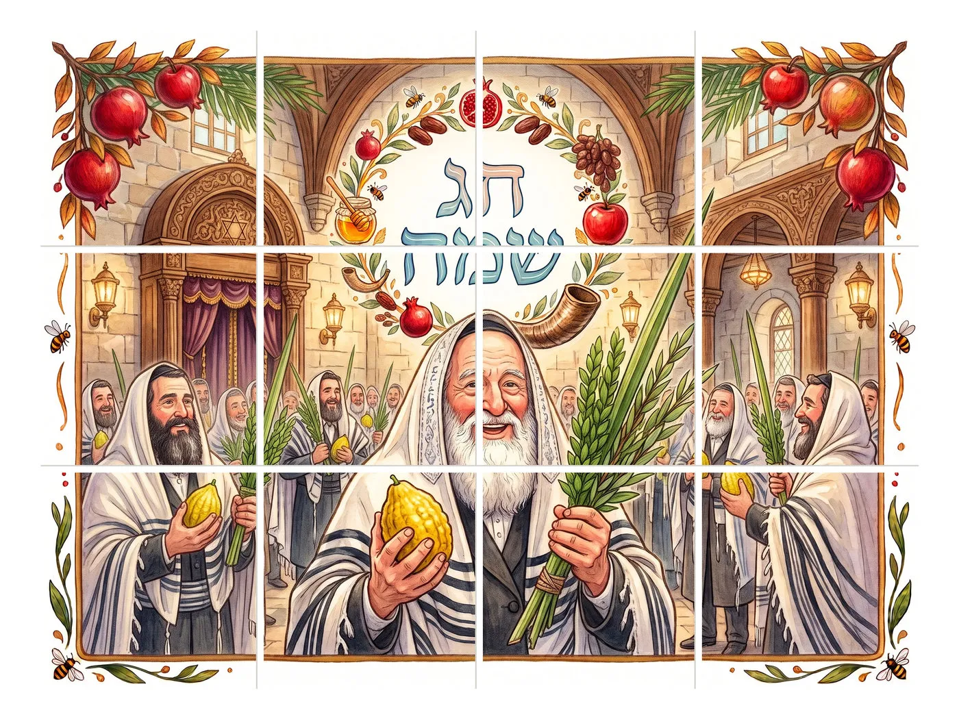 איור של מתפללים עטופים בטליתות בבית כנסת, אוחזים לולב ואתרוג, ומעליהם הכיתוב חג שמח