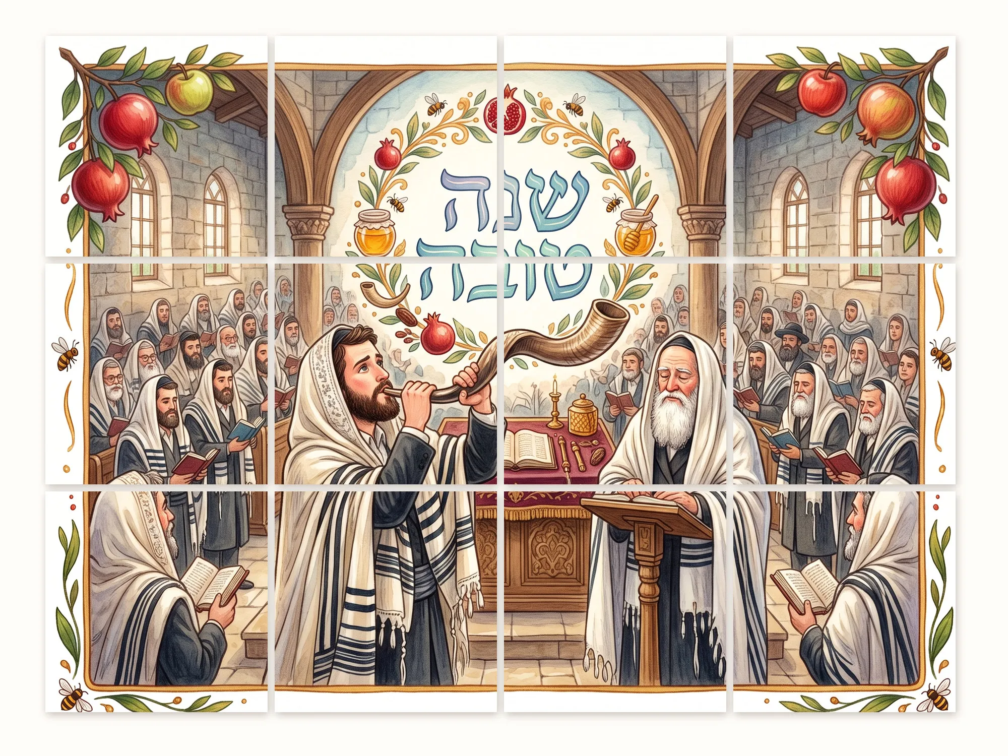 איור של בית כנסת בראש השנה - מתפללים עטופים בטליתות, אחד מהם תוקע בשופר, ומעליהם הכיתוב שנה טובה