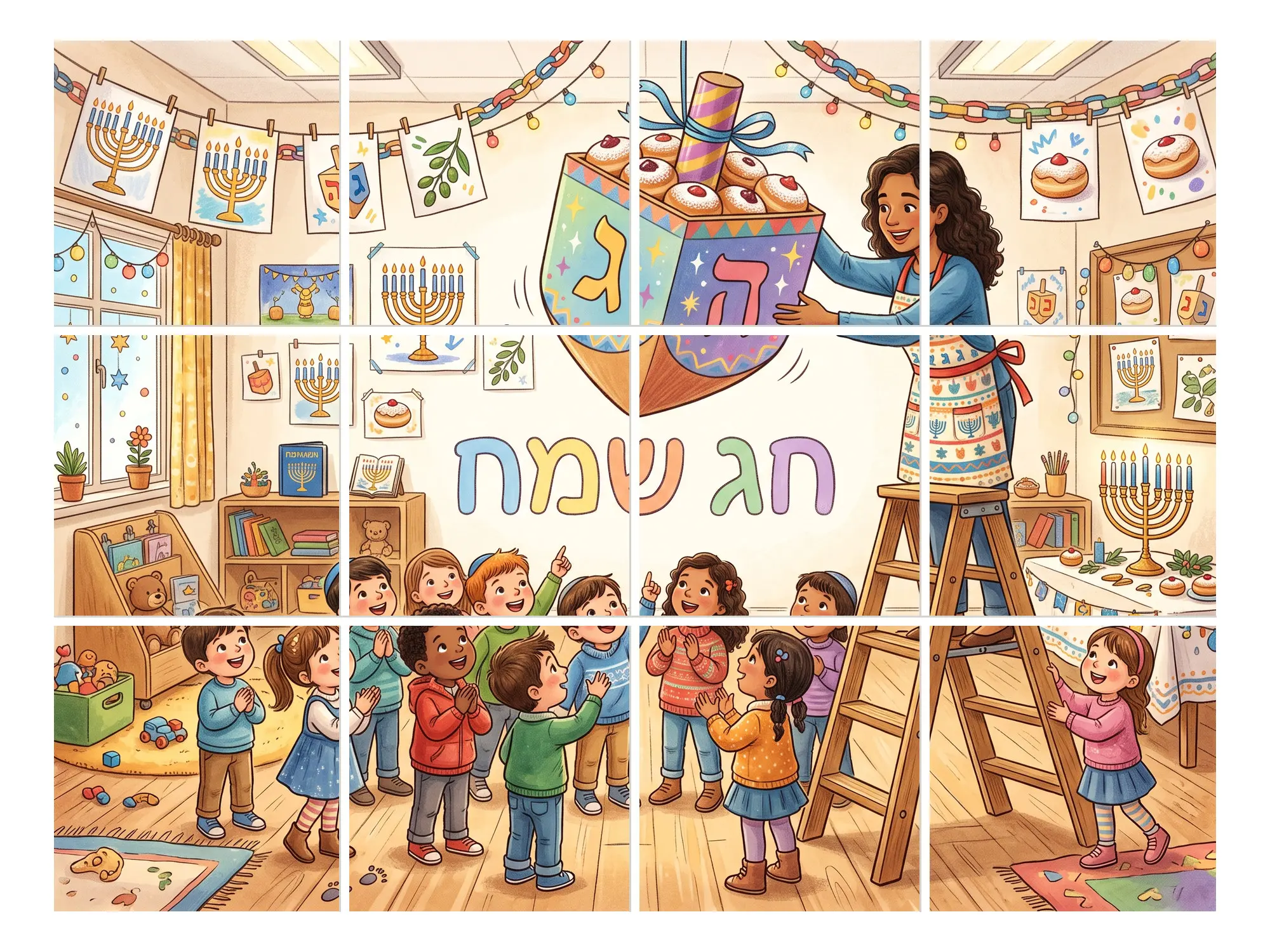 איור של גננת תולה סביבון ענק מלא סופגניות בגן מקושט לחנוכה, ילדים מביטים ומוחאים כפיים, ובמרכז הכיתוב חג שמח