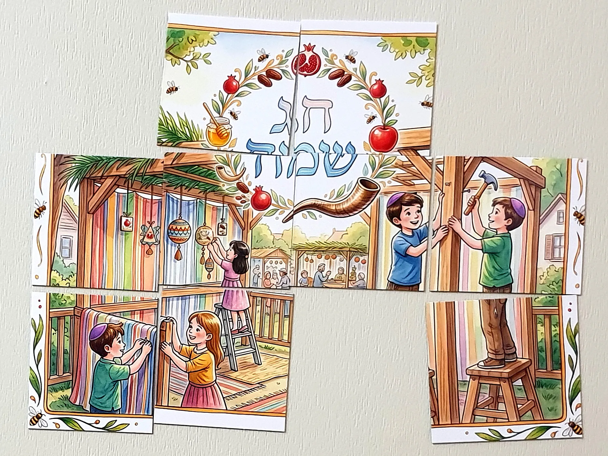 פאזל המגנט "בונים סוכה" באמצע הרכבה על דלת, חלק מהחלקים כבר במקום
