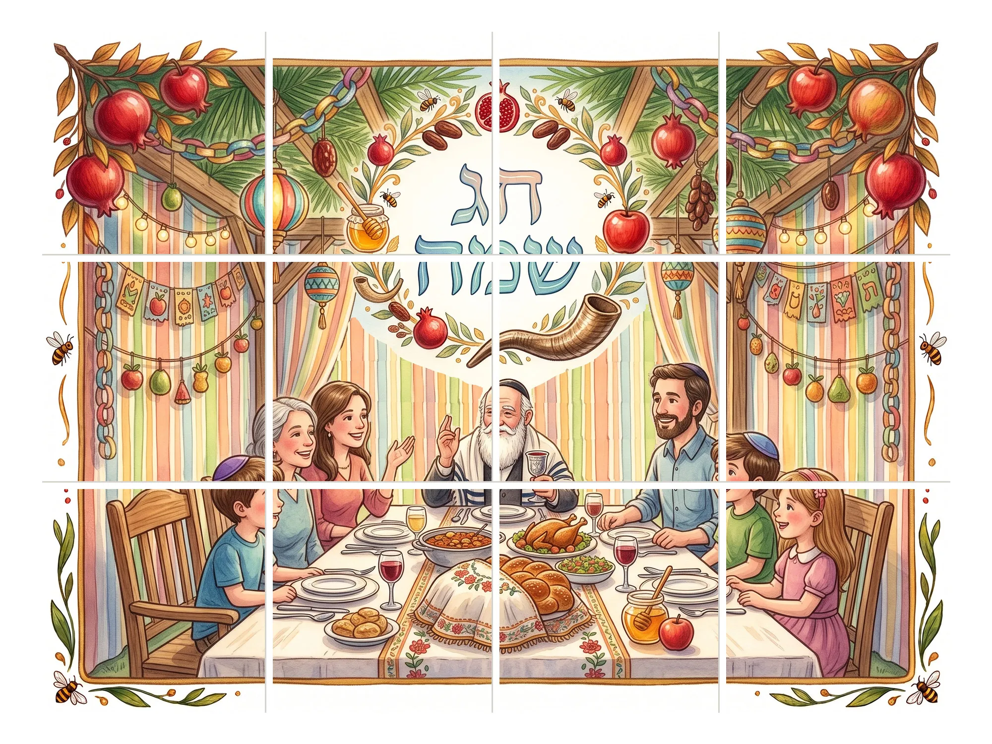 איור של משפחה מרובת דורות יושבת לשולחן ערוך בתוך סוכה מקושטת בשרשראות ובפירות, ומעליהם הכיתוב חג שמח