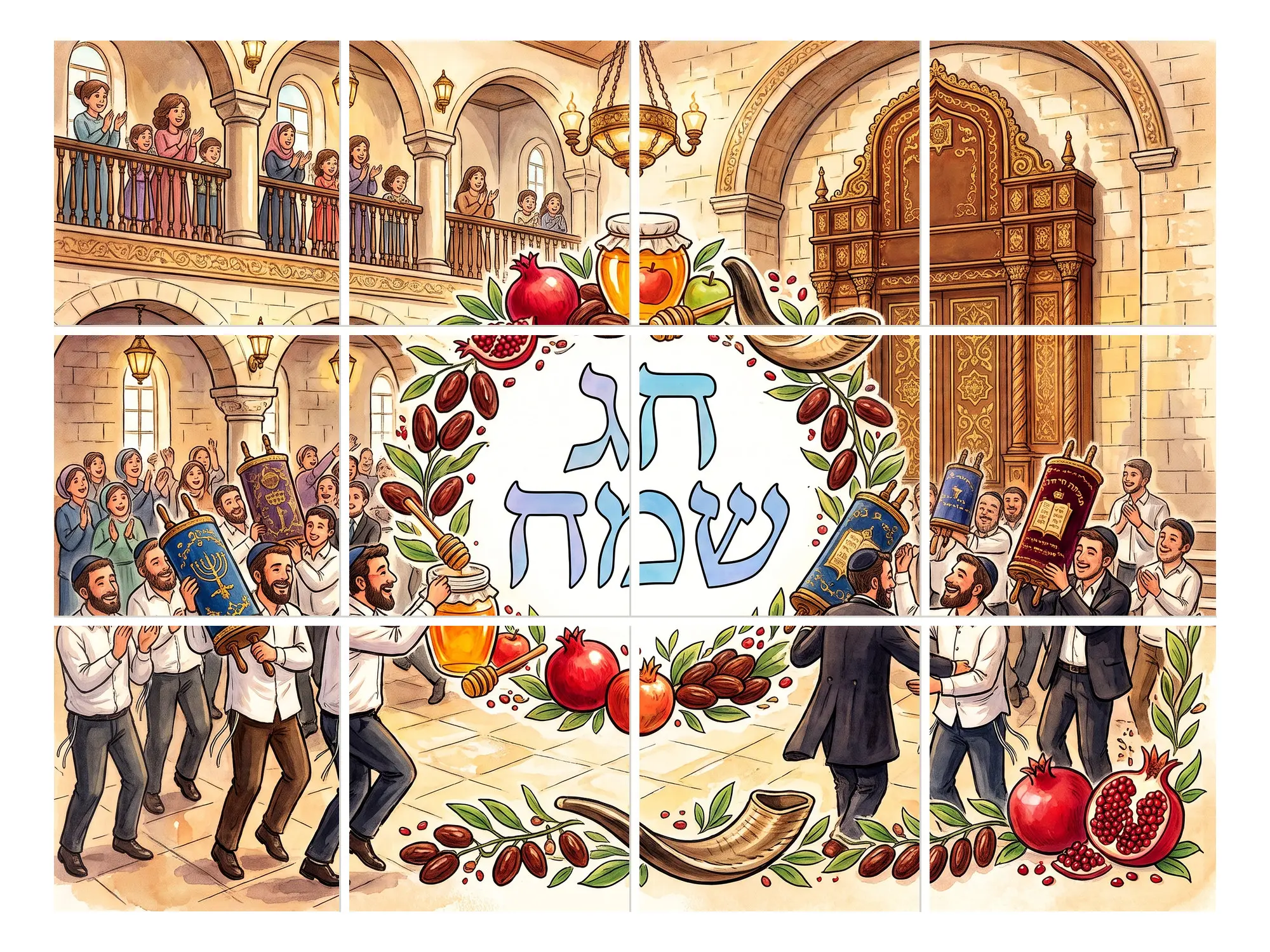 איור צבעוני של בית כנסת בשמחת תורה - רוקדים עם ספרי תורה, קהל מוחא כפיים מהיציע, ומסביב רימונים ותמרים, ומעליהם הכיתוב חג שמח