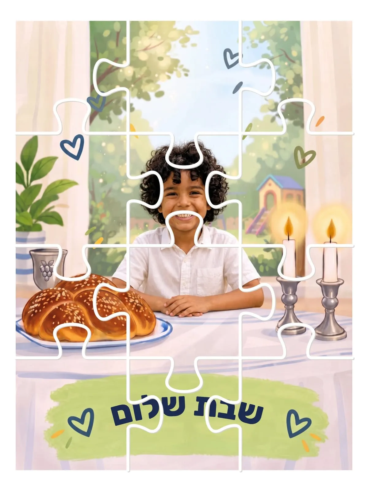 פאזל "אבא של שבת" בסגנון מציאותי: ילד בחולצה לבנה ליד שולחן השבת, ועל השלט הירוק "שבת שלום"