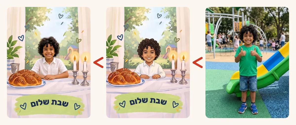 מהתמונה לפאזל: תמונה של ילד בגן שעשועים, אותו ילד ליד שולחן השבת בסגנון מאויר, ובסגנון מציאותי