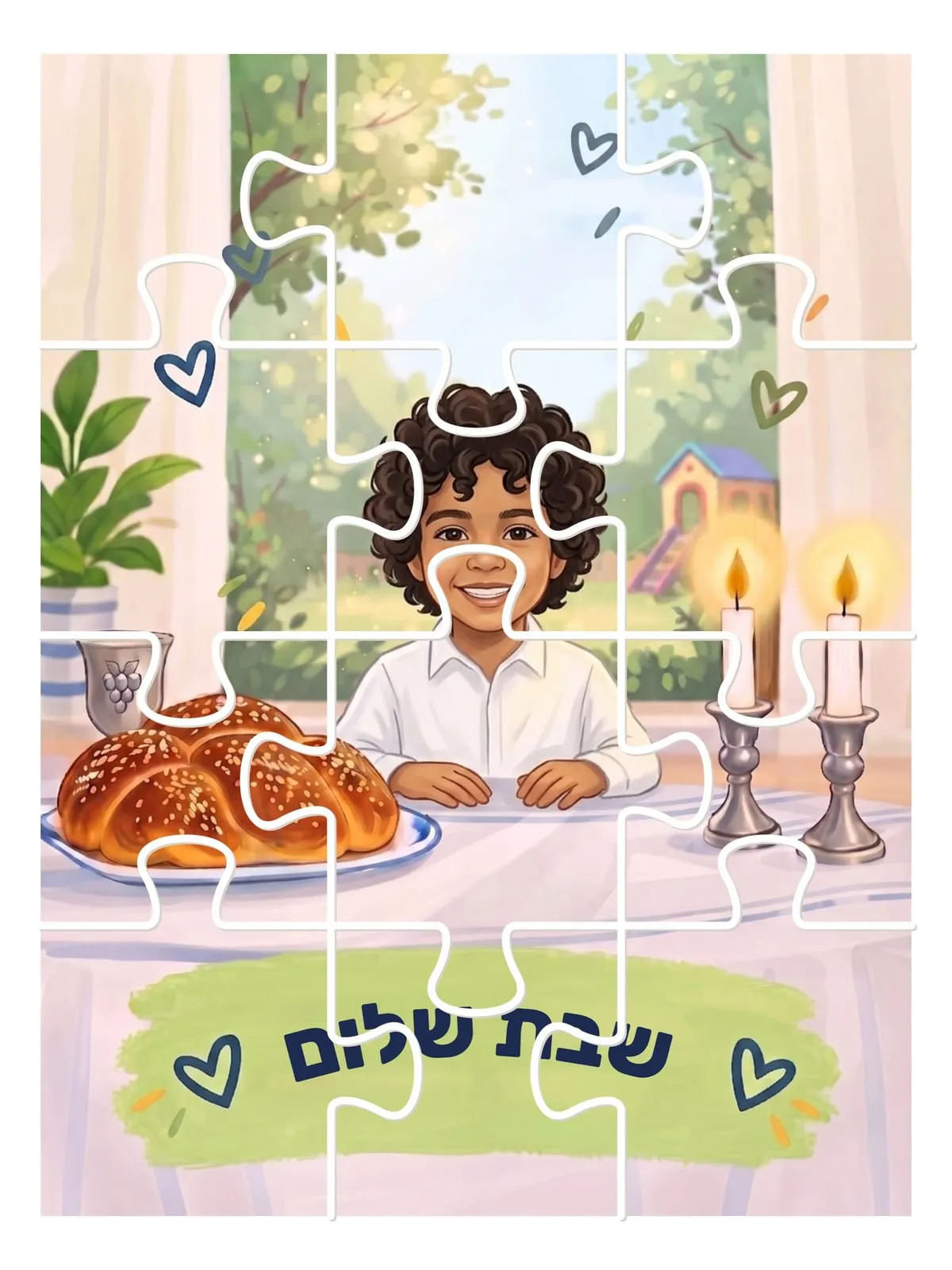פאזל מגנט "אבא של שבת" לגובה, חתוך לחלקי פאזל: ילד מאויר בחולצה לבנה ליד שולחן שבת עם חלה ונרות, ועל השלט הירוק "שבת שלום"