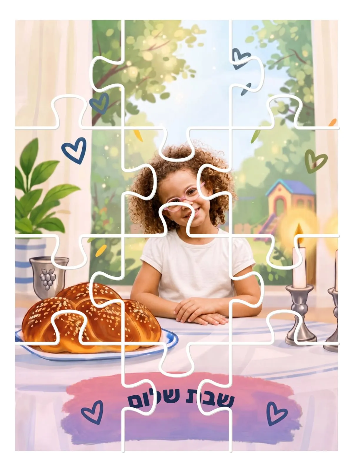פאזל "אמא של שבת" בסגנון מציאותי: ילדה עם משקפיים בחולצה לבנה ליד שולחן השבת, ועל השלט הוורוד "שבת שלום"
