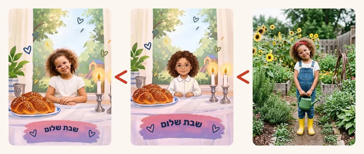 מהתמונה לפאזל: תמונה של ילדה בגינה, אותה ילדה ליד שולחן השבת בסגנון מאויר, ובסגנון מציאותי