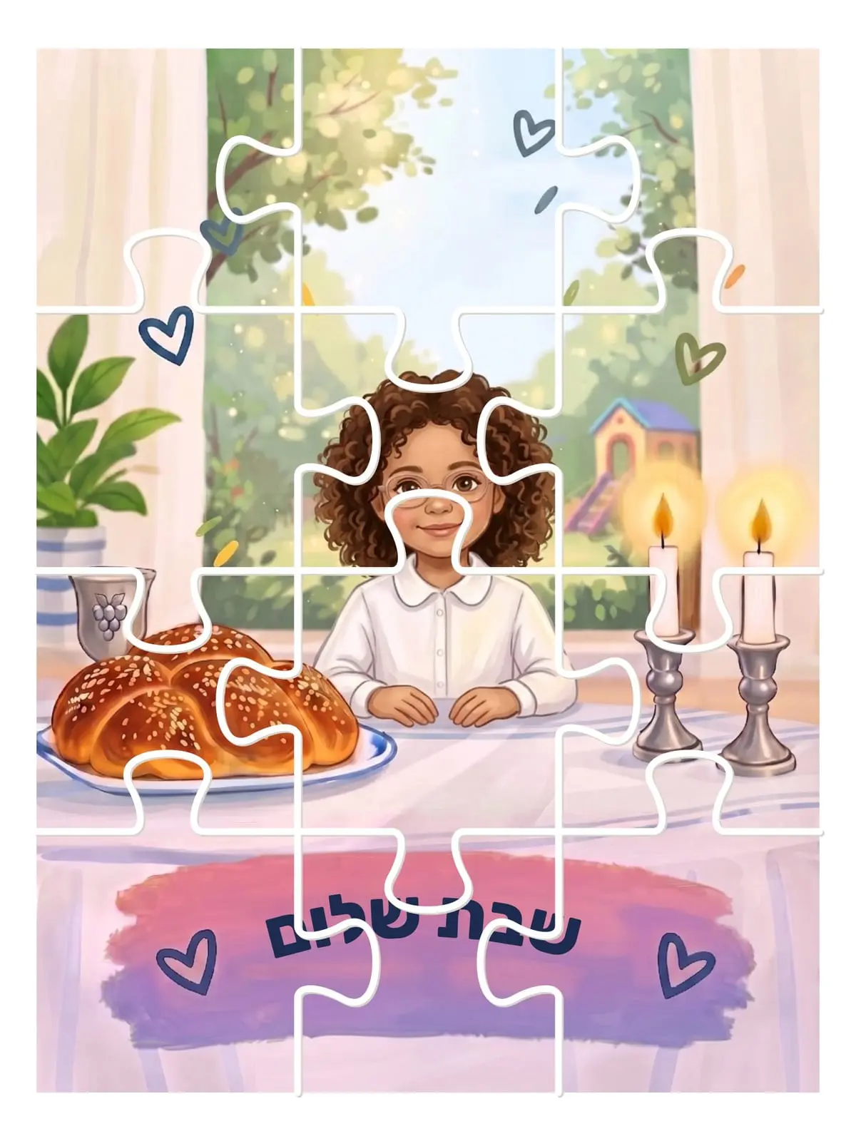 פאזל מגנט "אמא של שבת" לגובה, חתוך לחלקי פאזל: ילדה מאוירת עם משקפיים בחולצה לבנה ליד שולחן שבת עם חלה ונרות, ועל השלט הוורוד "שבת שלום"