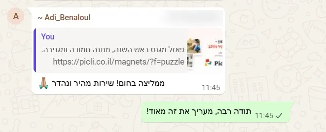 צילום מהוואטסאפ: עדי כותבת "ממליצה בחום! שירות מהיר ונהדר"